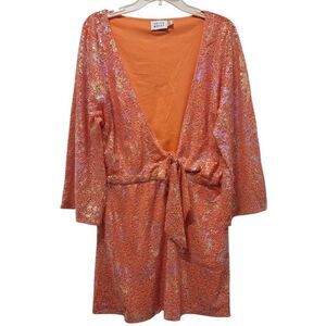 Hello Molly Shimmering Sequin Plunging Neckline Sexy Fade Dress In Orange XL
